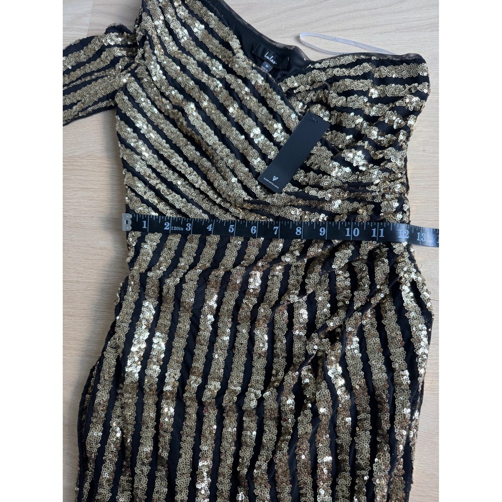 Lulus Gold Black Sequin One Shoulder Midi Dress Stripe Long Sleeve M NEW - Picture 15 of 16
